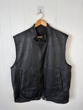 Mens Weatherproof Reversible Black Leather Zip-Up Moto Motorcycle Vest size XL